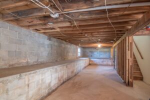 Unfinished basement with a bare concrete slab ready for a floor coating
